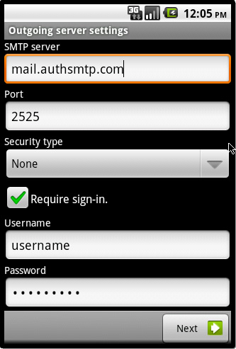 Android - Step 7 - Enter your AuthSMTP account details