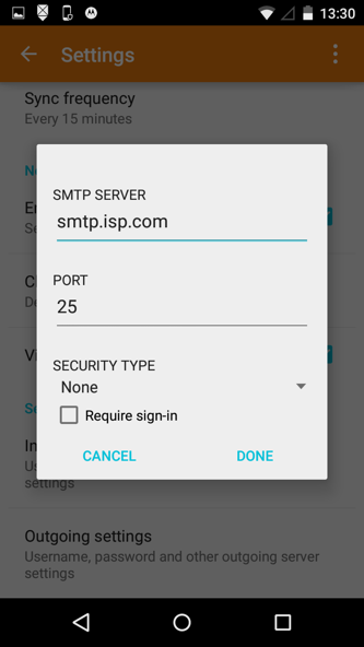 Android - Step 6 - Make a note of your existing SMTP settings