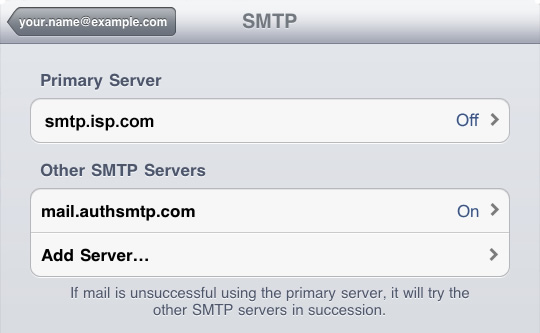 iPad - Step 9 - Enable new AuthSMTP server