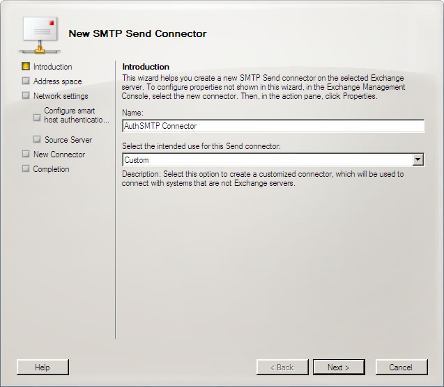 Exchange 2007 Setup - Step 2 - Enter AuthSMTP Connector as the connector name and choose Custom Connector from the drop down menu