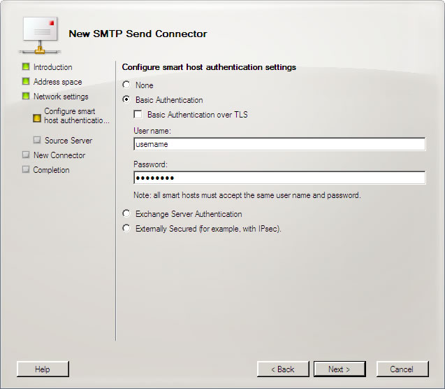 Exchange 2007 Setup - Step 5 - Enter your AuthSMTP outgoing mail server username and password and then click Next