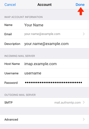 iPad iOS10 - Step 10 - Setup of the authenticated outgoing email relay service is complete