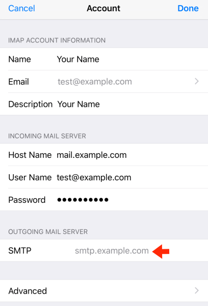 iPad iOS12 - Step 5 - Tap on the Outgoing Mail Server settings