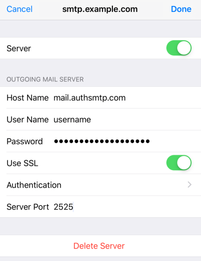 iPhone / iPod Touch iOS13 - Step 7 - Enter SMTP Settings