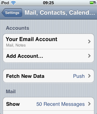 iPhone / iPod Touch iOS5 - Step 2 - Click email account you wish to add AuthSMTP outgoing email service to