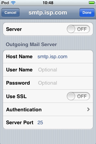iPhone / iPod Touch iOS5 - Step 5 - Move slider to On, enter AuthSMTP outgoing mail server, enter AuthSMTP username and password, change Use SSL to Off and then click on Authentication