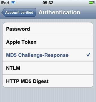 iPhone / iPod Touch iOS5 - Step 6 - Select MD5 Challenge-Response as the AuthSMTP Authentication method