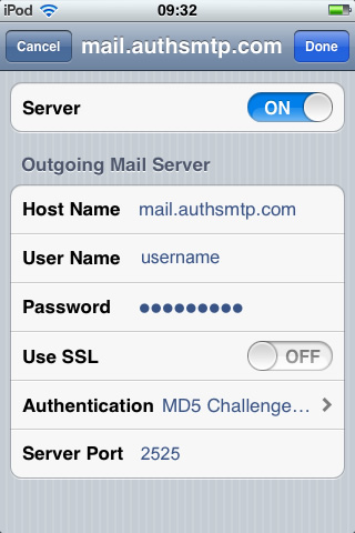 iPhone / iPod Touch iOS5 - Step 7 - Click on Server Port and change to the alternative SMTP port 2525, go back to the main Settings page and the setup of the authenticated outgoing email relay service is complete