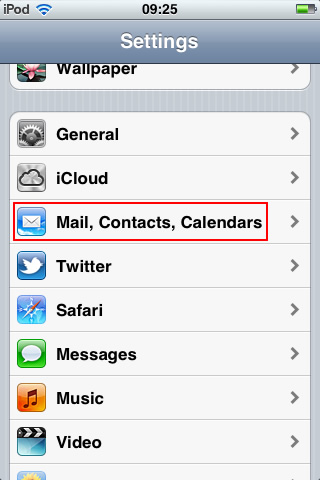 iPhone / iPod Touch iOS6 - Step 1b - Click 'Mail, Contacts, Calendars'