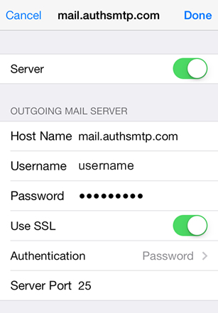 iPhone / iPod Touch iOS7 - Step 6 - Move slider to On, enter AuthSMTP outgoing mail server, enter AuthSMTP username and password, change Use SSL to Off and then click on Authentication