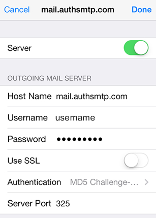iPad iOS8 - Step 8 - Click on Server Port and change to the alternative SMTP port 2525, go back to the main Settings page and the setup of the authenticated outgoing email relay service is complete