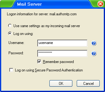 Incredimail XE - Step 4 - Enter AuthSMTP outgoing username and password