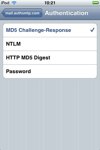 iPhone / iPod Touch - Step 6 - Select MD5 Challenge-Response as the AuthSMTP Authentication method