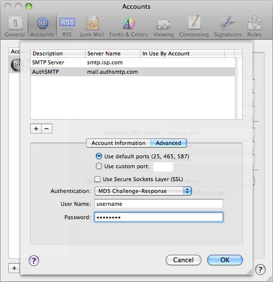 Leopard 10.5 - Mac Mail - Step 6 - Enter AuthSMTP Username and Password