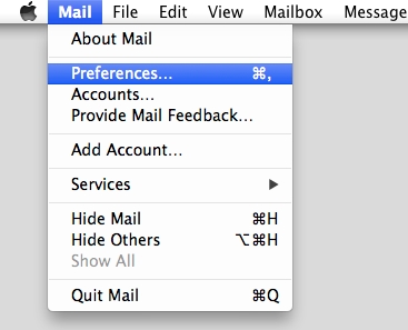Mavericks 10.9 - Mac Mail - Step 2 - Open Mail menu and click Preferences