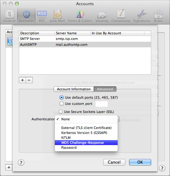 Mavericks 10.9 - Mac Mail - Step 5 - Set Authentication to MD5 Challenge-Response