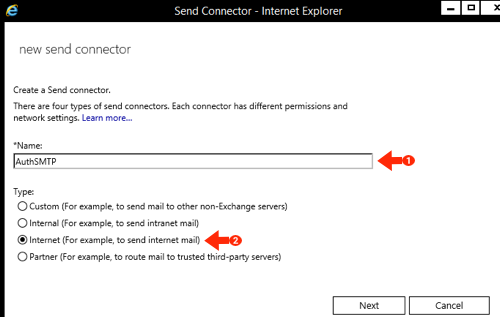Exchange 2019 Smarthost Setup - Step 4 - Enter name for the connector and set the type to Internet