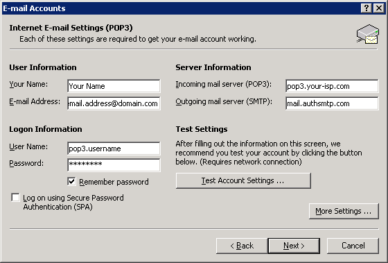 Outlook 2002 - Step 4 - Change outgoing mail server to AuthSMTP's and then click More Settings