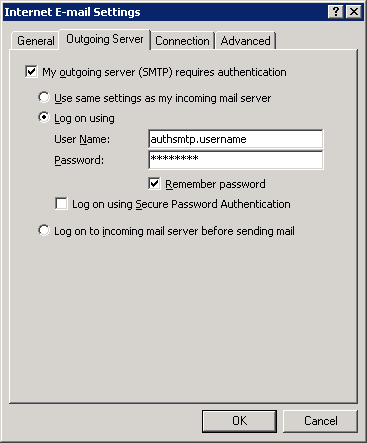 Outlook 2003 - Step 6 - Tick outgoing server requires authentication and enter your AuthSMTP username and password
