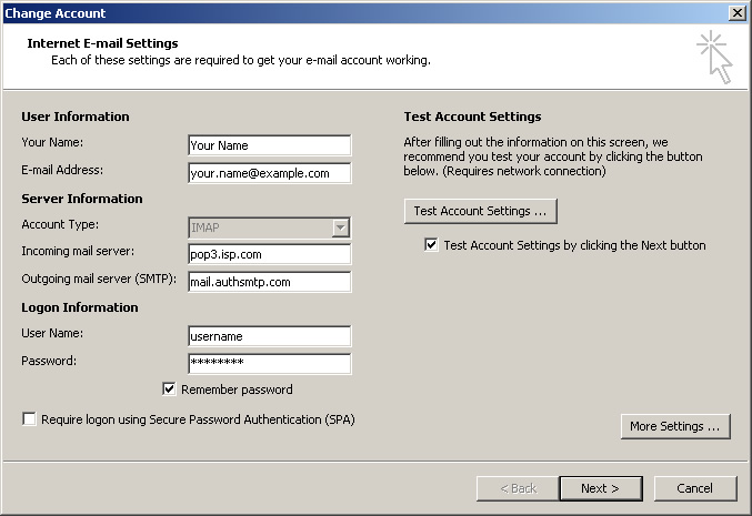 Outlook 2010 - Step 7 - Click Next and then Finish to complete setup of AuthSMTP outgoing email relay service