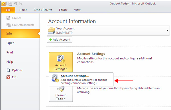 Outlook 2010 - Step 2 - Click Account settings