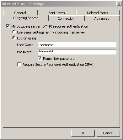 Outlook 2010 - Step 5 - Go to the Outgoing Server tab, tick outgoing server requires authentication and enter your AuthSMTP username and password