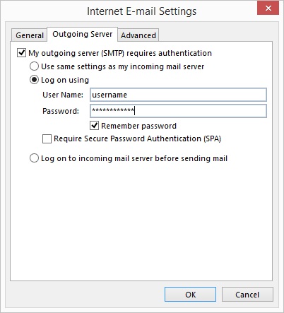 Outlook 2013 - Step 6 - Go to the Outgoing Server tab, tick outgoing server requires authentication and enter your AuthSMTP username and password