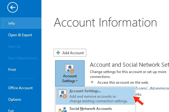 Outlook 2016 - Step 3 - Click Account settings
