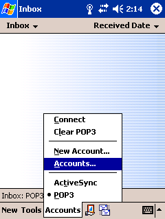 Pocket Outlook - Step 2 - Click the Accounts.. option