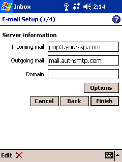 Pocket Outlook - Step 6 - Change the outgoing mail server to AuthSMTP's and then click Options