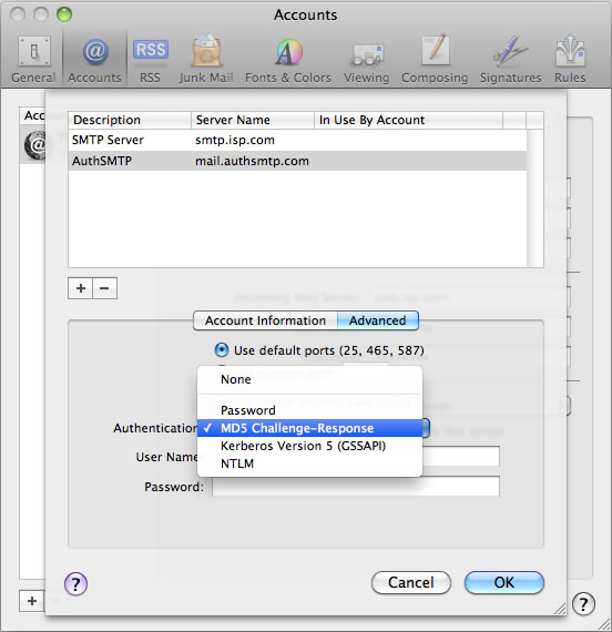 Snow Leopard 10.6 - Mac Mail - Step 5 - Set Authentication to MD5 Challenge-Response