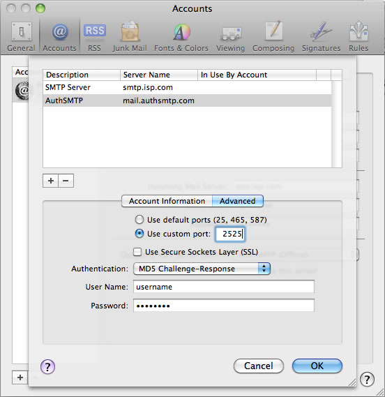 Snow Leopard 10.6 - Mac Mail - Step 7 - Change SMTP port to 2525