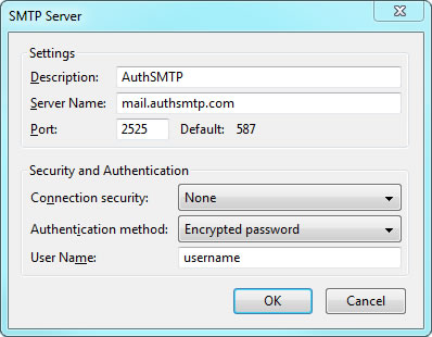 Thunderbird v17 - Step 3 - Enter AuthSMTP as Description, enter AuthSMTP's outgoing mail server, set port 25and then enter your AuthSMTP username, use secure connection should be set to No and then click OK