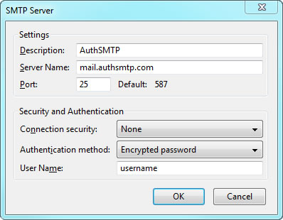 Thunderbird v38 - Step 3 - Enter AuthSMTP as Description, enter AuthSMTP's outgoing mail server, set port 25and then enter your AuthSMTP username, use secure connection should be set to No and then click OK