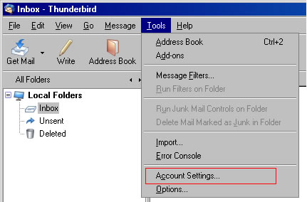 Thunderbird v2.0 - Step 1 - Go the Tools menu and click Accounts Settings