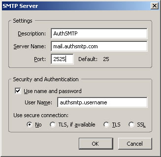 Thunderbird v2.0 - Step 3 - Enter AuthSMTP as Description, enter AuthSMTP's outgoing mail server, change the port to alternative port 2525, tick use and then enter your AuthSMTP username, use secure connection should be set to No and then click OK