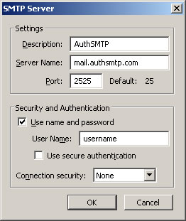 Thunderbird v3.0 - Step 3 - Enter AuthSMTP as Description, enter AuthSMTP's outgoing mail server, change the port to alternative port 2525, tick use and then enter your AuthSMTP username, use secure connection should be set to No and then click OK