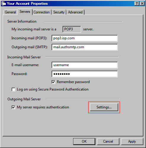 Vista Mail v6 - Step 4 - Change the Outgoing mail SMTP server to AuthSMTP's and then click Settings..