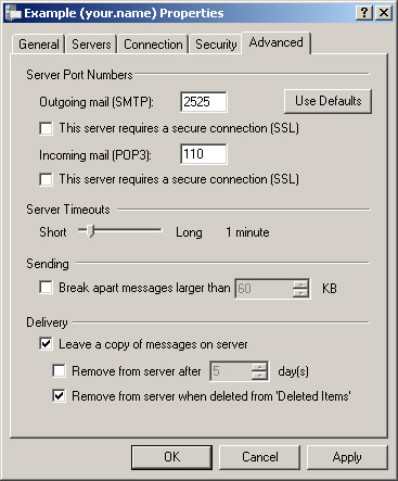 Windows Live Mail 2009 - Step 4 - Go to the Advanced tab and change the Outgoing Mail SMTP Port to 2525 then click OK to complete the setup of the authenticated mail relay service