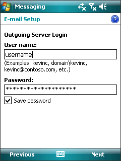 Windows Mobile 6 - Step 8 - Enter your AuthSMTP username and password and then click Next
